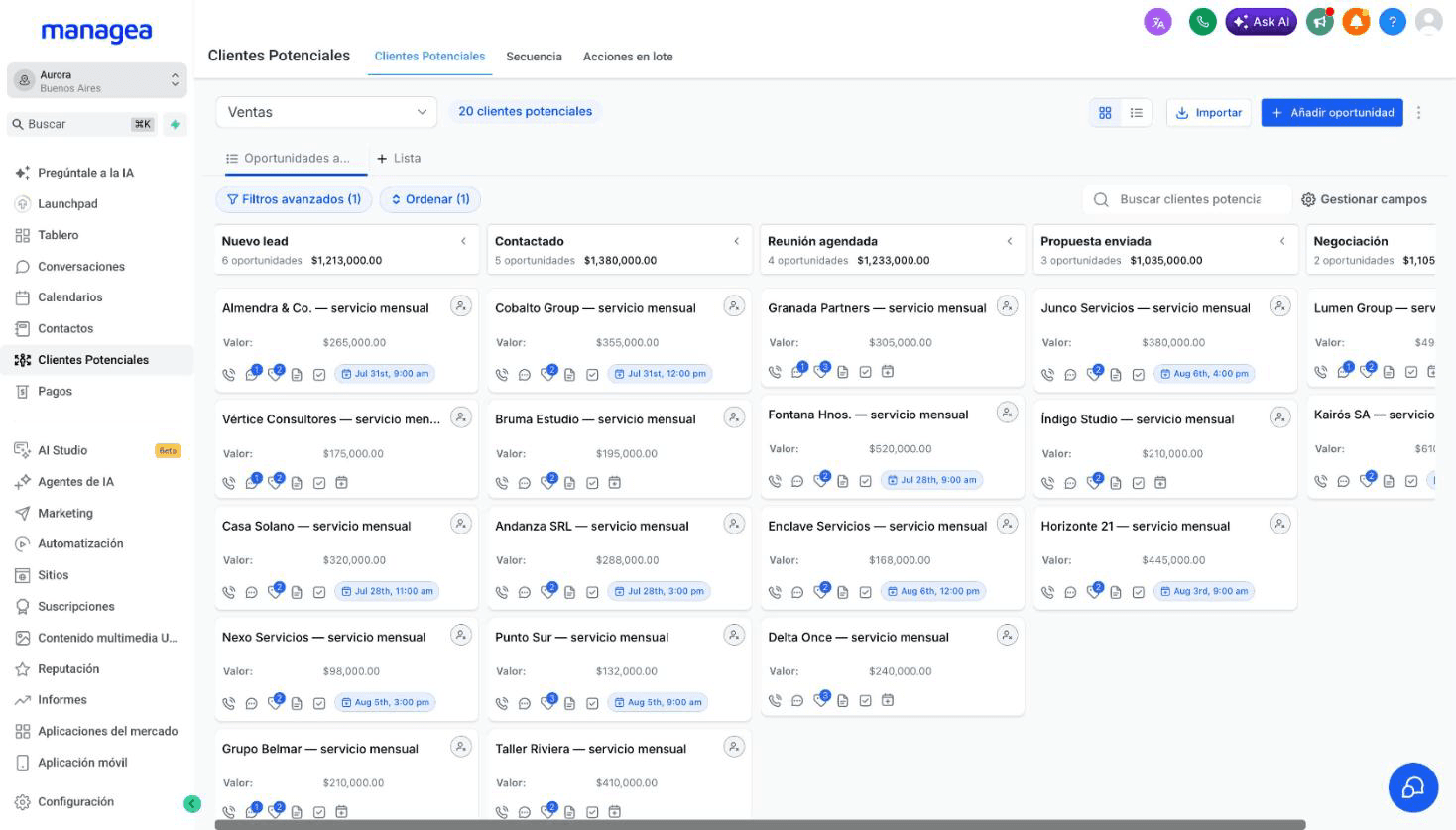 El tablero de oportunidades de Managea, con cada venta en su etapa y su valor